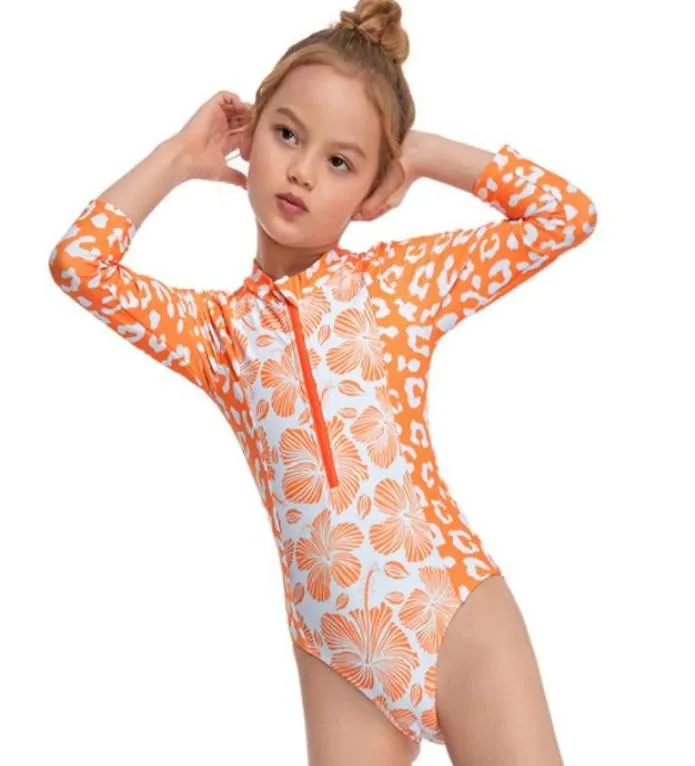 Toddler Girls Onepiece Swimsuit Infant Flower Leopard Print Long Sleeve Neck Front Zipper Swimwear Monikini Beachwear OnePieces9259535