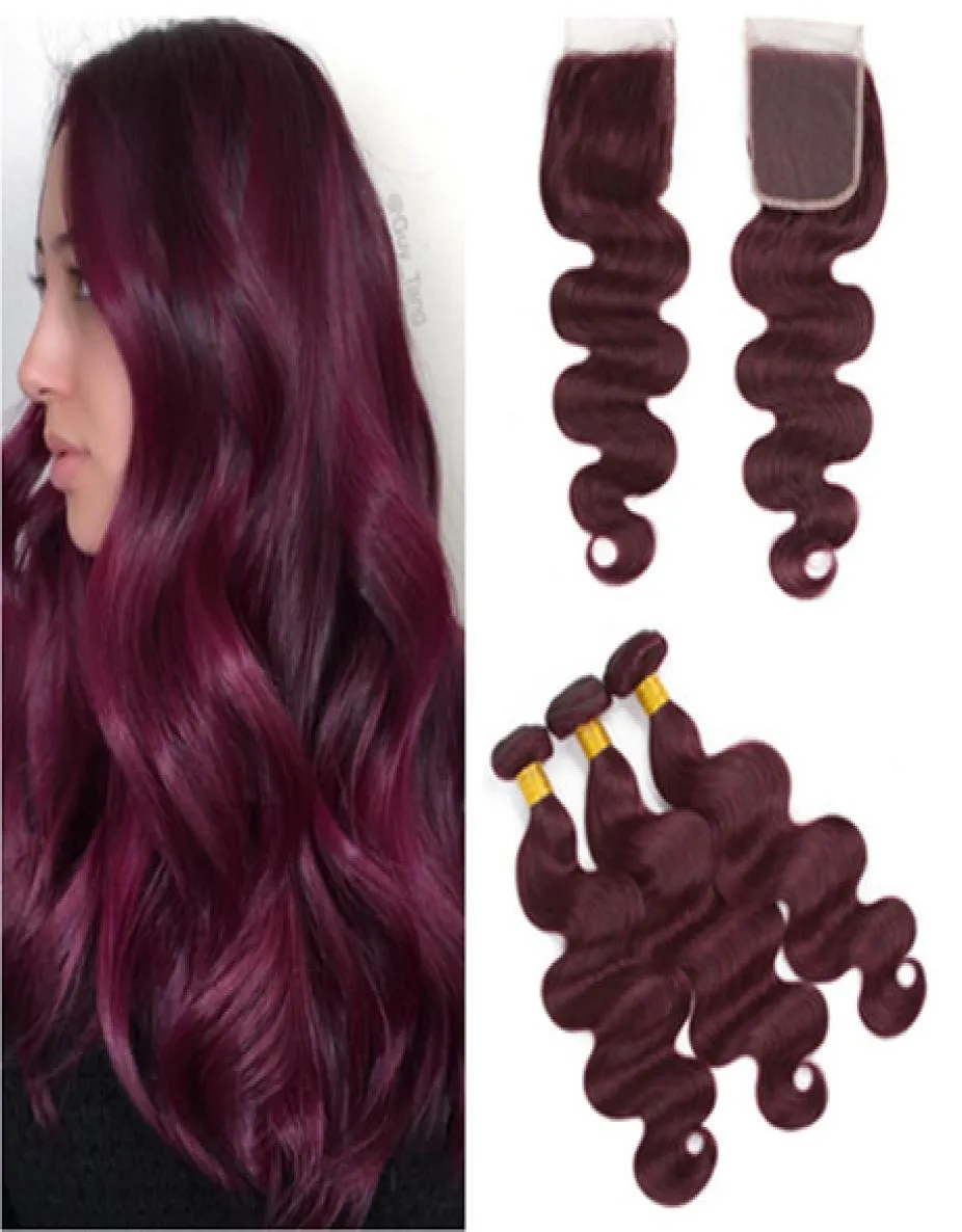 99J Bordeaux Maagd Haarbundels Aanbiedingen met Sluiting Body Wave Wijnrood Braziliaans Menselijk haar Weeft Extensions met 4x4 Kant Closu2060017