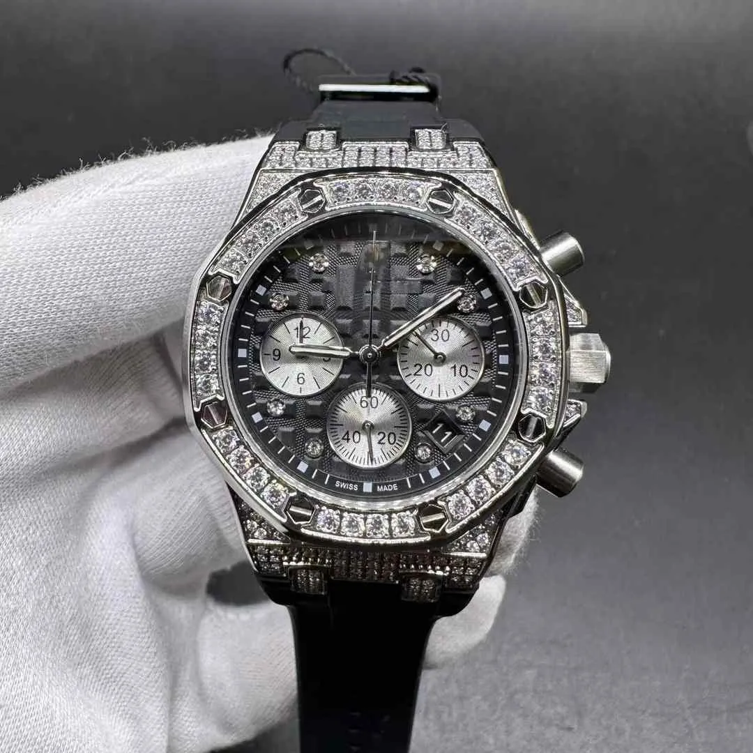 Montre de mode pour femme chronographe VK mouvement à quartz diamants boîtier en argent cadran noir bracelet en caoutchouc noir chronomètre pour femme