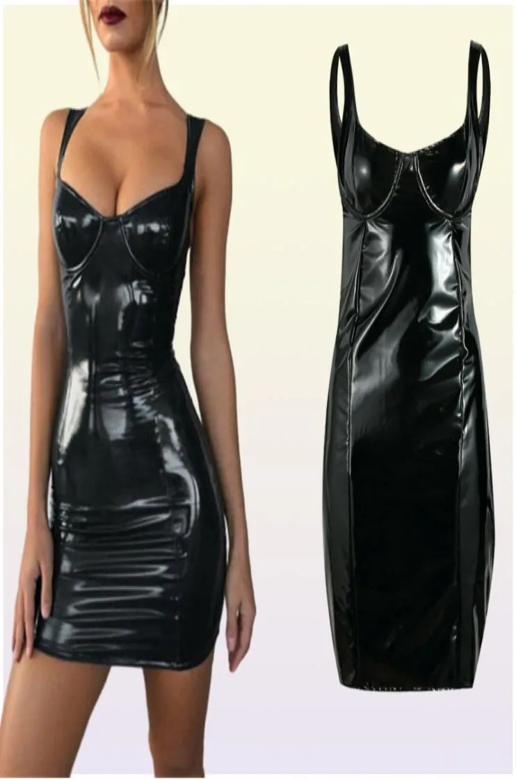 Läder sommarklänning mantel bling sexig kvinnor klänning latex faux bodycon afton fest klubbkläder strappy mini sexig slim4183009