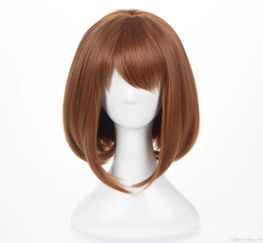 Parrucca corta diritta Parrucche corte Bobo Parrucca per capelli corti marrone chiaro da 12 pollici Entrambe per cosplay My Hero Academia OCHACO URARAKA55227074307948