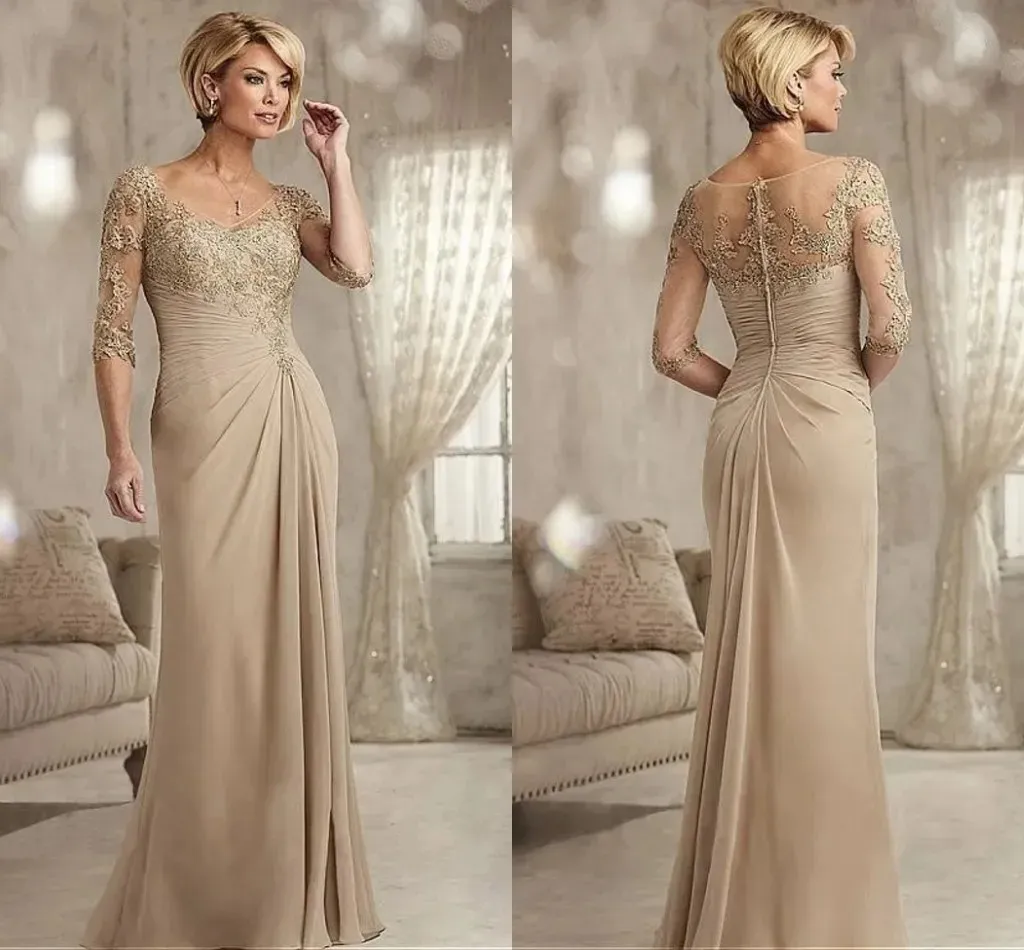 Elegant Champagne Mother of the Bride Dress 2024 Plus Size Scoop Beaded Lace Chiffon Half ärmmar Brudgummen Wedding Party Gown yd 328 328