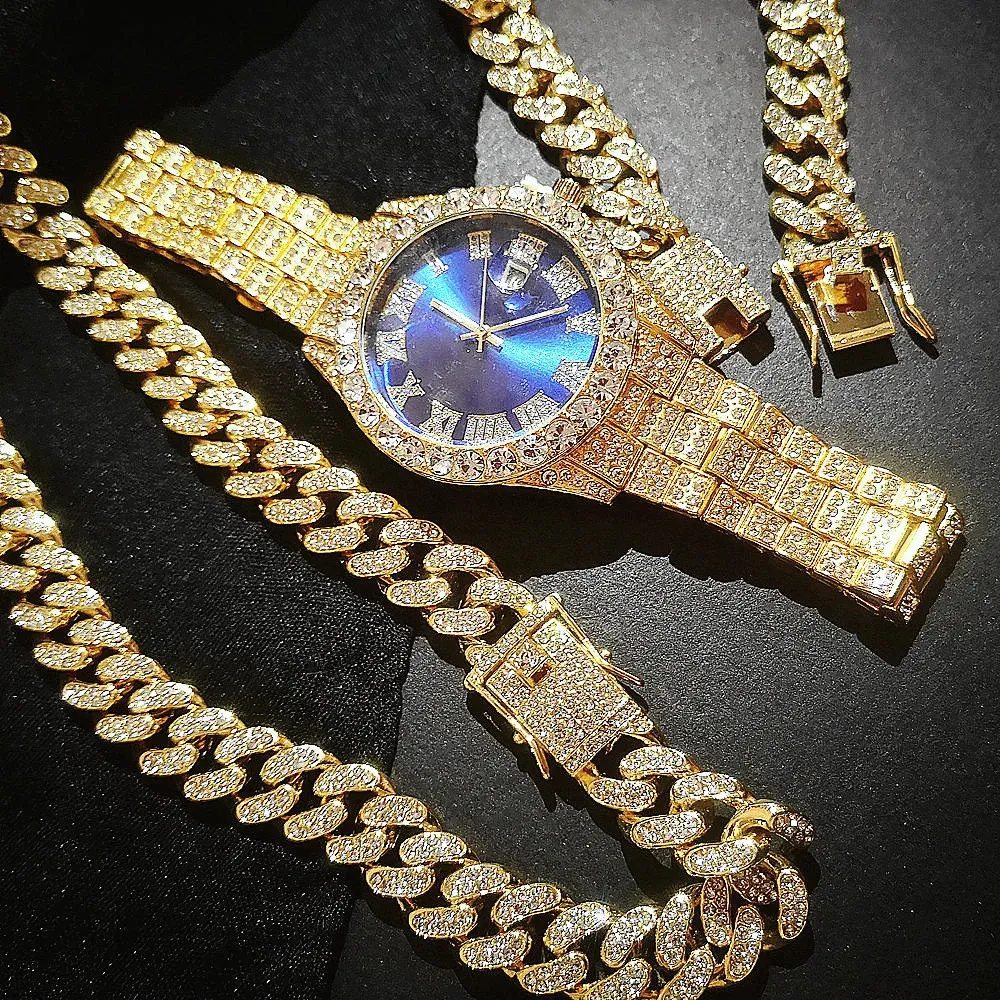 Montre à quartz de luxe en or et argent pour hommes, entièrement glacée, Bling Miami, chaîne cubaine, bracelet en strass, ensemble de bijoux 240105