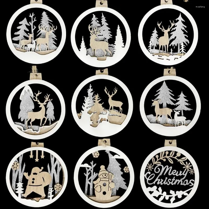 Décorations de Noël 3pcs pendentifs en bois creux 3D cerf père Noël suspendus ornements pour Noël maison fête arbre cadeaux de Noël