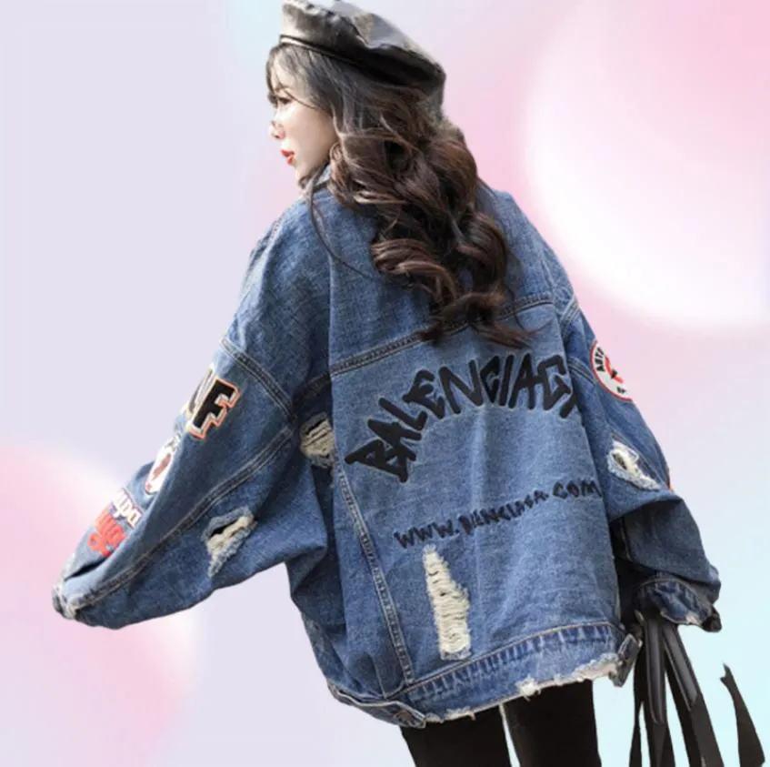 Oversized Fashion Print MenWomen Denim Jacket Loose Autumn 2019 New Streetwear Vintage BF Style Frayed Holes Jeans Coat Female3316705