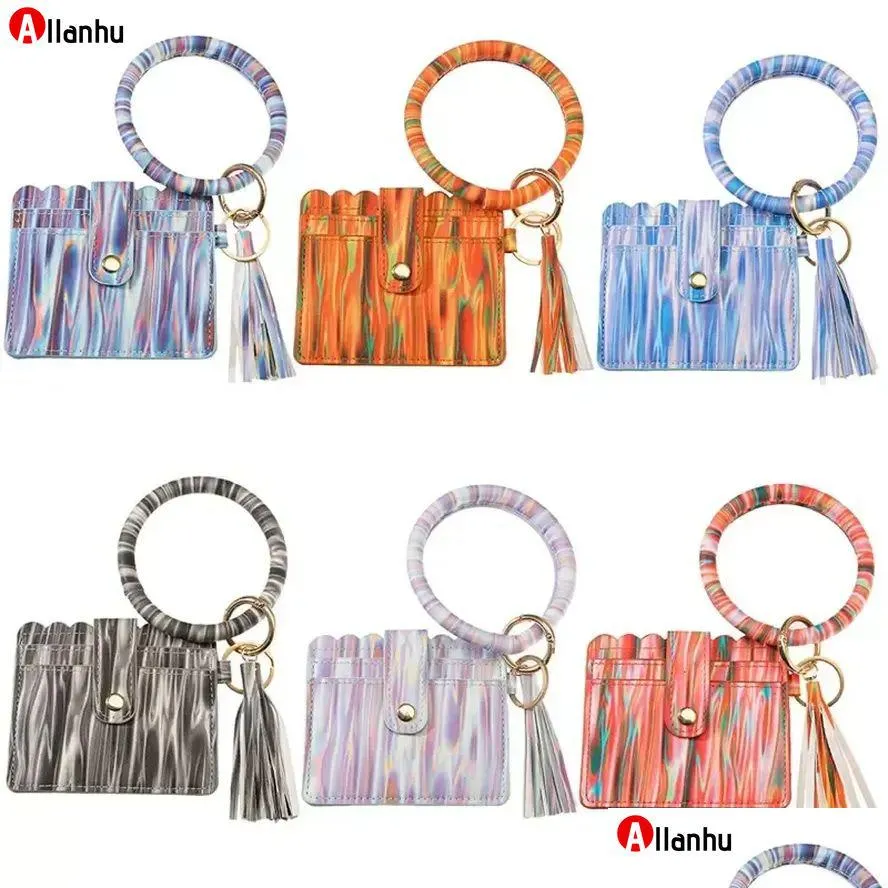 Favor de fiesta PU Bolsa de tarjeta de cuero Llaveros Pulsera de fiesta Llavero Monedero con borlas Cadena Brazalete Llavero Titular Pulsera Bolso W Dhfr7