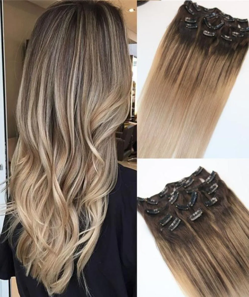 418 8A 7pcs 120Gram Clip w ludzkich przedłużeniach włosów Ombre ciemnobrązowy korzeń do popiołu Balayage