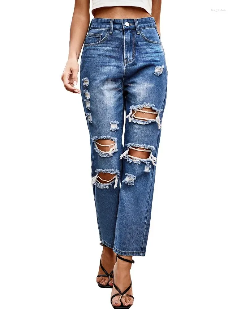 Women's Jeans Benuynffy Boyfriend Spring Summer Mid Waist Straight Leg Ripped For Women Streetwear Distressed Denim Pants