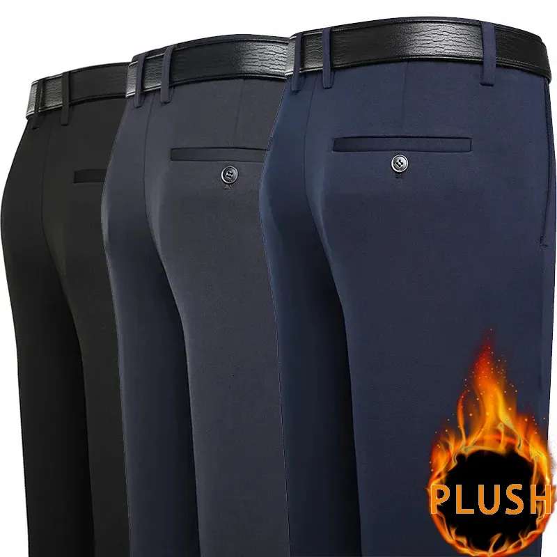 Erkekler Sonbahar Kış Strengy Pantolon Peluş Akıllı Sıradan Takım Gevşek Düz lacivert Siyah Elbise Kalın Sıcak Pantolon 240106