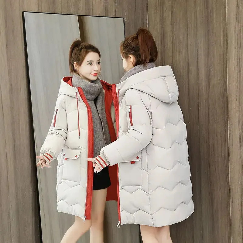 Womens Winter Parka: Mid-Length Cotton Padded Coat with Hood