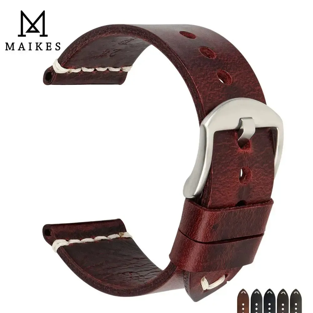 Maikes pulseira de relógio de couro de vaca genuíno artesanal pulseira vermelha vintage para 20mm 22mm 24mm banda 240106