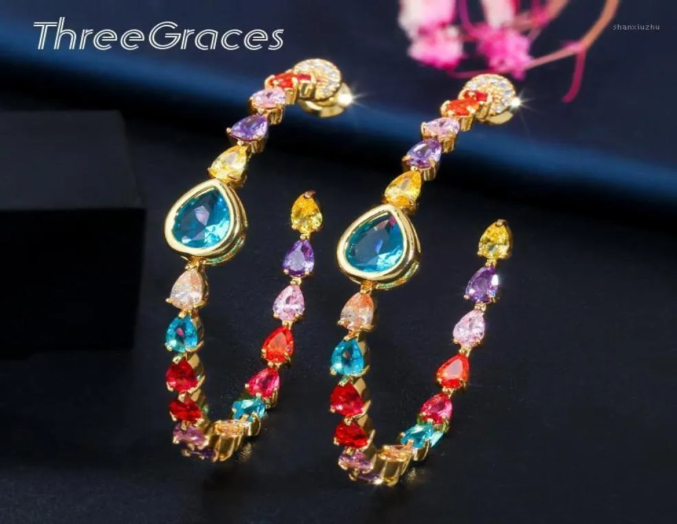 Hoop Huggie Threegraces مصمم فاخر ملون CZ CRYSTAL مياه دائرة كبيرة الدائرة الدائرة أقراط للنساء pendientes muj9499811