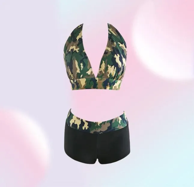 2017 nouveau Sexy licou Bikini ensemble maillots de bain femmes Push up maillot de bain imprimé Camouflage plage maillots de bain QP02082751519