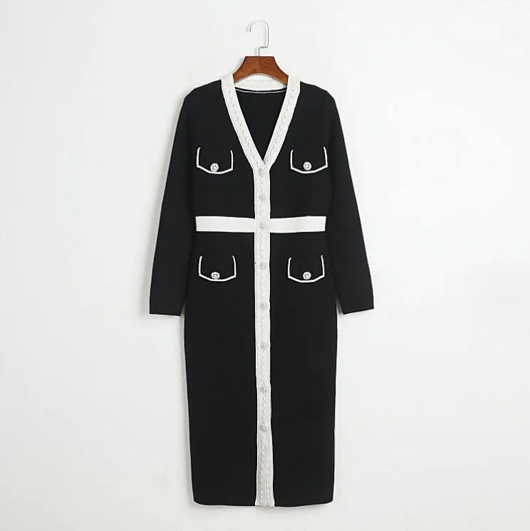 10016 XL 2024 Milan Runway Dress Spring V Neck Long Sleeve Mid Calf Black Brand samma stil Womens Dress Fashion High Quality DL