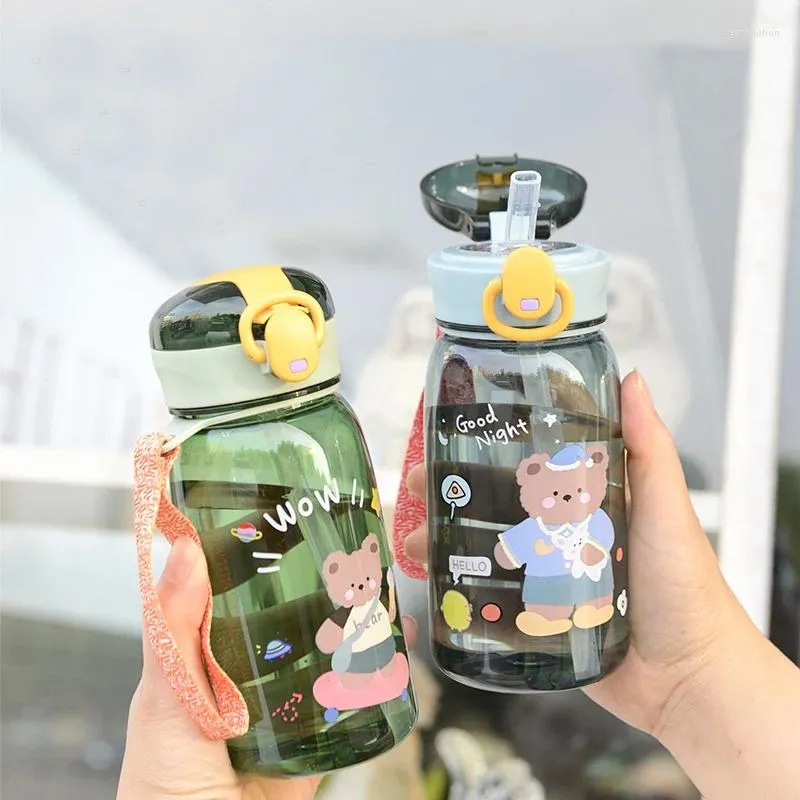 Botellas de agua de 400/550ml para niños, taza con pajita, oso de dibujos animados bonito, botella de bebida portátil a prueba de fugas para viaje y escuela