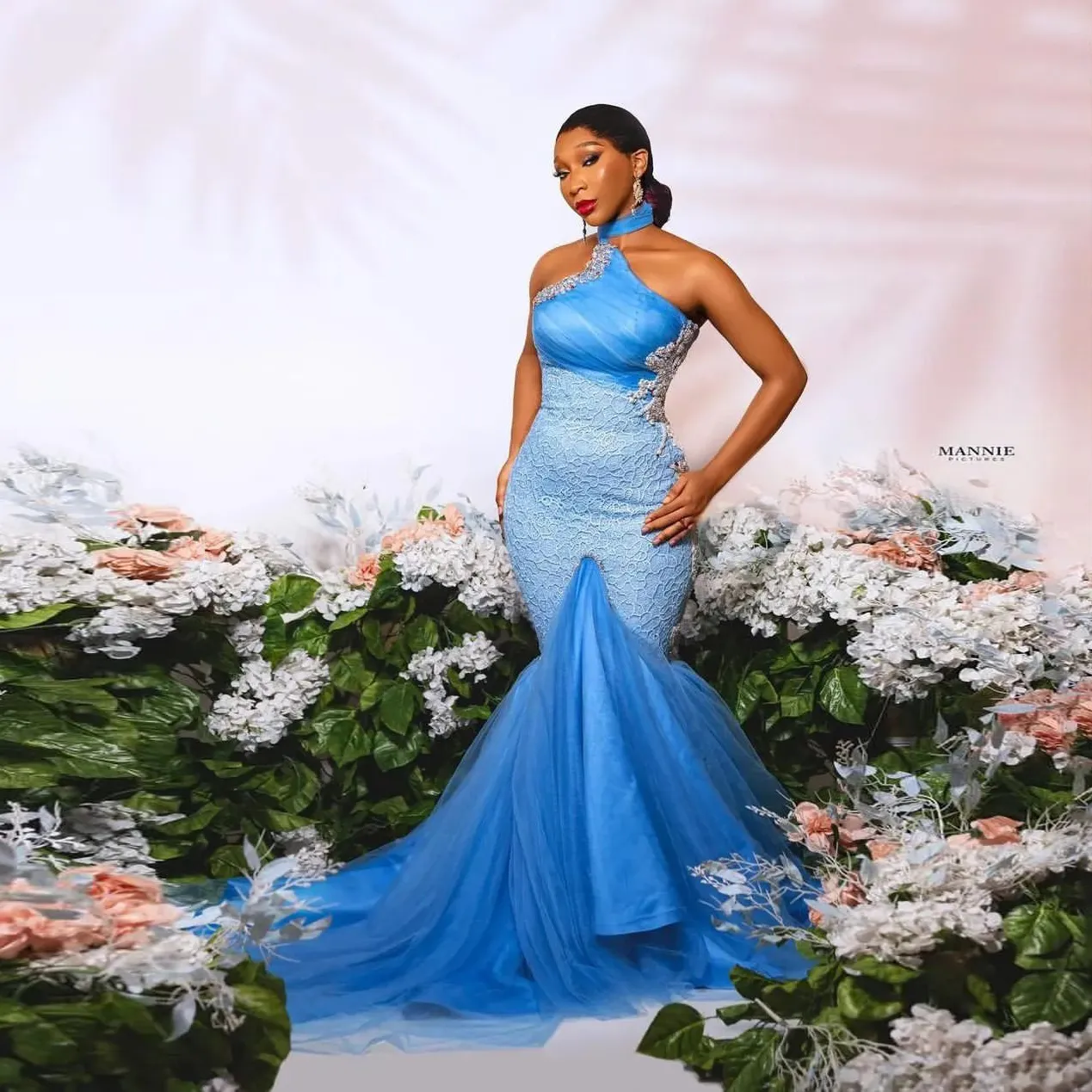 Light Blue Mermaid Prom Dress: Elegant Aso Ebi African Formal Evening Gown,  High Neck, Sleeveless, Beaded Appliques, Perfect Vestidos De Novia