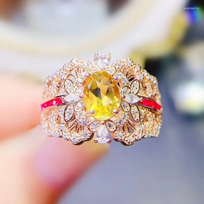 Pierścienie klastra Naturalne żółte żółte cytrynowe pierścionek tradycyjny luksusowy styl 0,85ct kamień szlachetny 925 srebrny srebrny biżuteria J23934