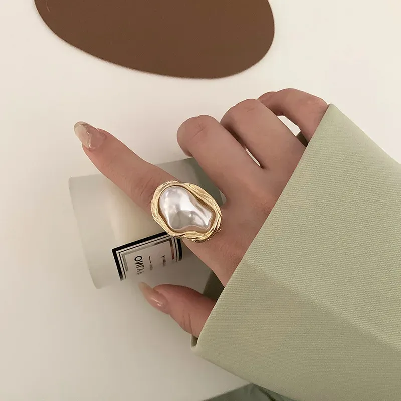 Новая мода геометрический нерегулярный барочный жемчуг 14-каратного золота кольцо для женщин ретро открытые кольца на указательный палец изменяемого размера ювелирные изделия для вечеринок