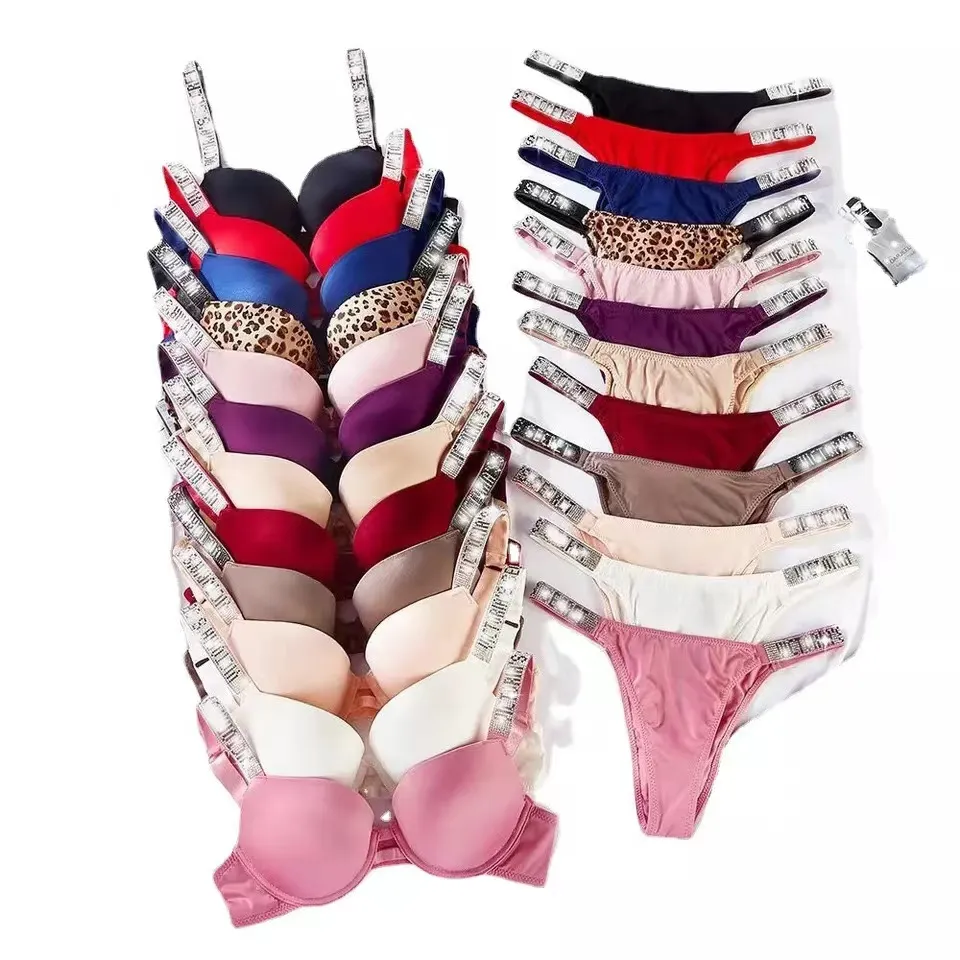 Sexy VS lettere di strass biancheria intima da donna abito raccogliere ragazze comodo reggiseno set lingerie di strass lingerie rosa porno erotico sexy