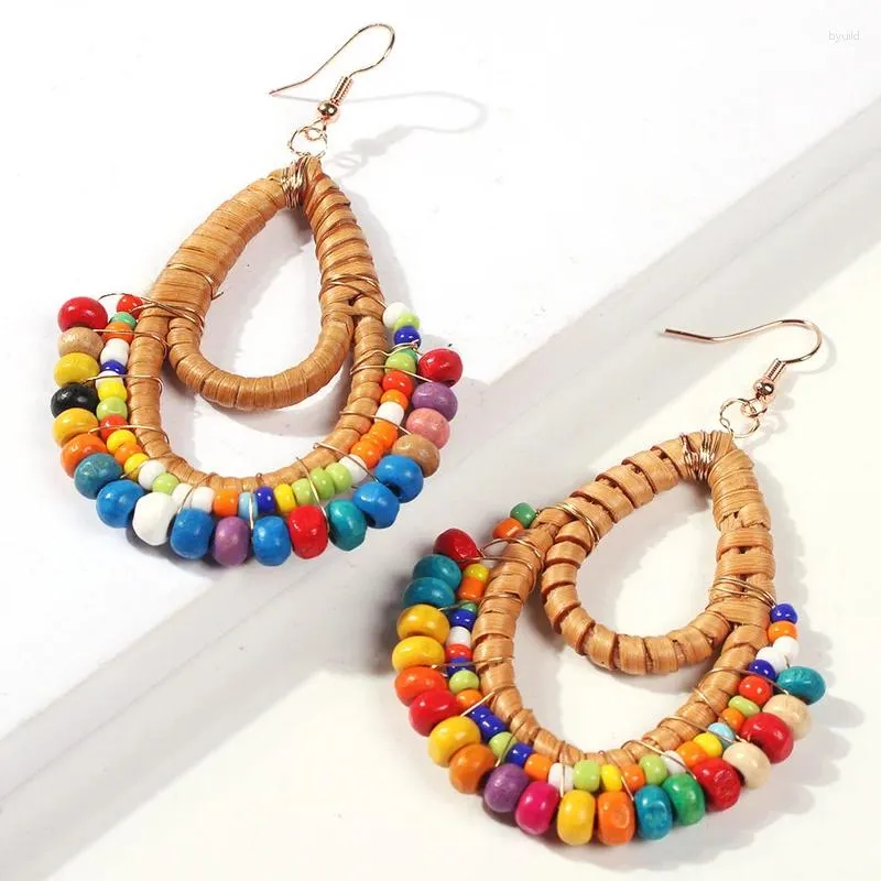 Boucles d'oreilles pendantes en rotin pour femmes, Vintage, perles en bois, bohème, paille, osier, bijoux ethniques, été 2024