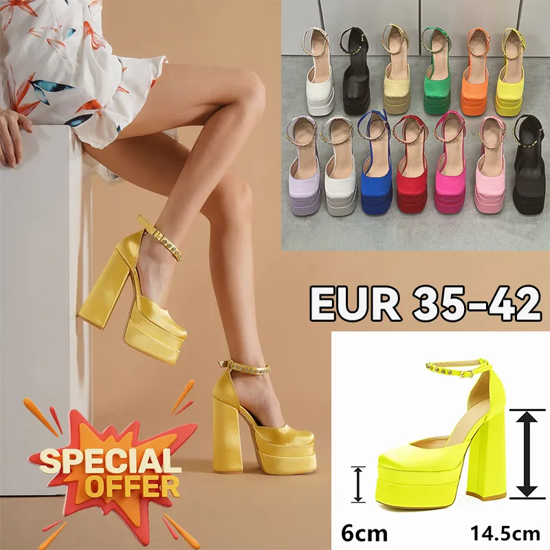 Chaussures de robe Satin Designer Talon Élégant Mariée Mariage Lady Sandales Chunky Talons Hauts En Cuir Femmes Partys Plate-Forme Mesh Sandal Pantoufles EUR 35-42