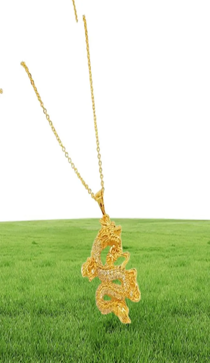 Micro Inlaid Zircon Dragon Pendant Chain 18k Yellow Gold Filled Fashion Womens Mens Pendant Necklace 2763388