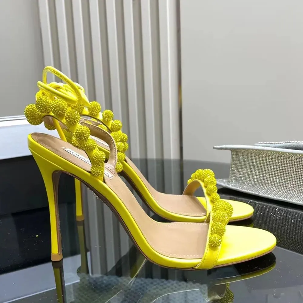 Moda sfera di cristallo sandali a spillo pompe decorazione con strass cinturino alla caviglia punta aperta scarpe da sera per feste da donna designer di lusso tacchi alti calzature di fabbrica 666
