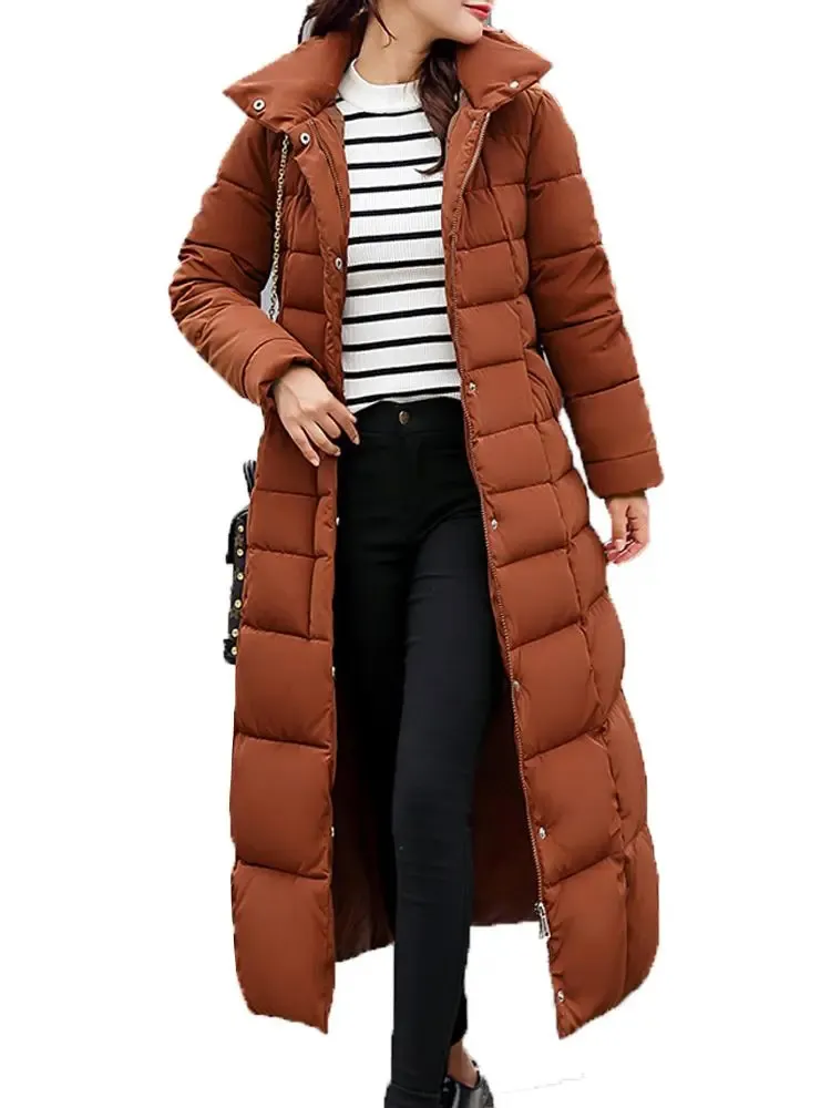 Cotton-Padded Coat Warm Winter Clothes Women Fur Hooded Pockets Puffer Jacket Sashes Long Bubble Coats Casual Slim Black Parkas 240106