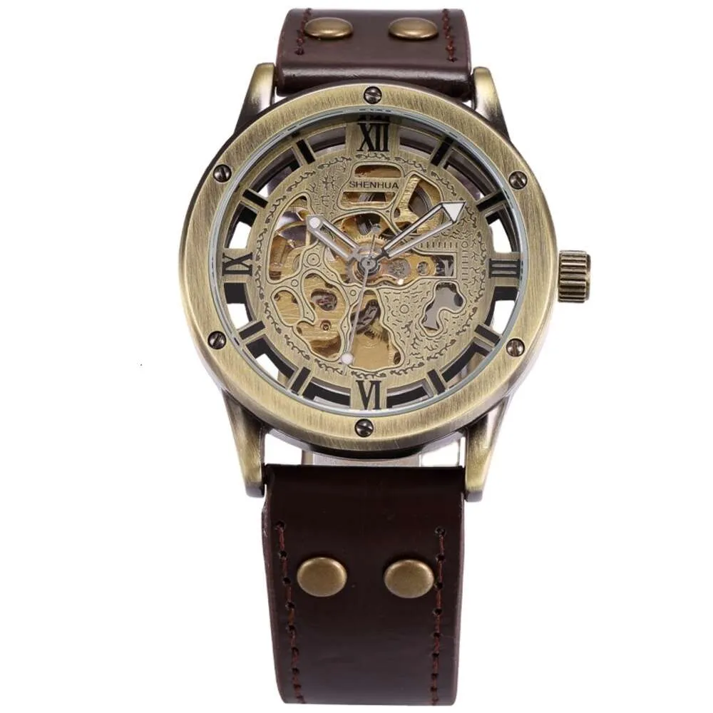 SHENHUA 9397 Bronze Automatische Skeleton Mechanische Uhr Männer Steampunk Retro Leder Analog herren Armbanduhren Relogio Masculino