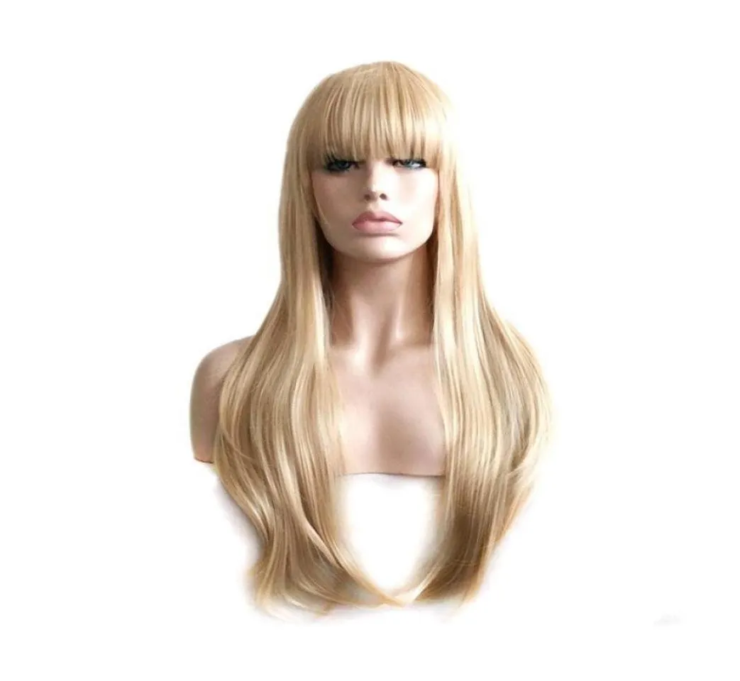 Perruques de dames de fête perruque blonde cheveux raides résistant à la chaleur longue perruque blonde avec frange perruques synthétiques pour les femmes75986015354426