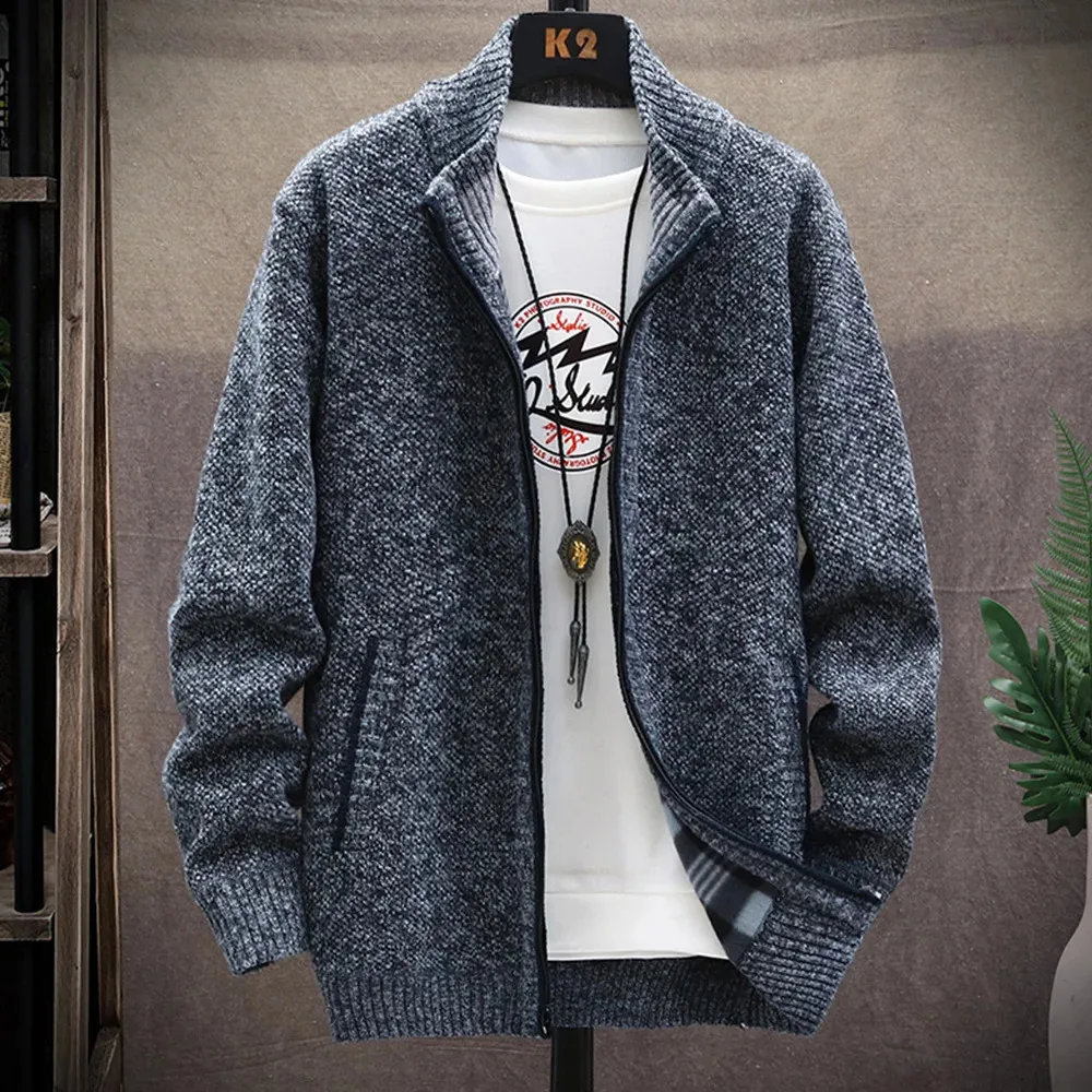 Camisola de malha masculina jaqueta de lã de inverno cardigan casaco cor sólida gola quente jaqueta 240106