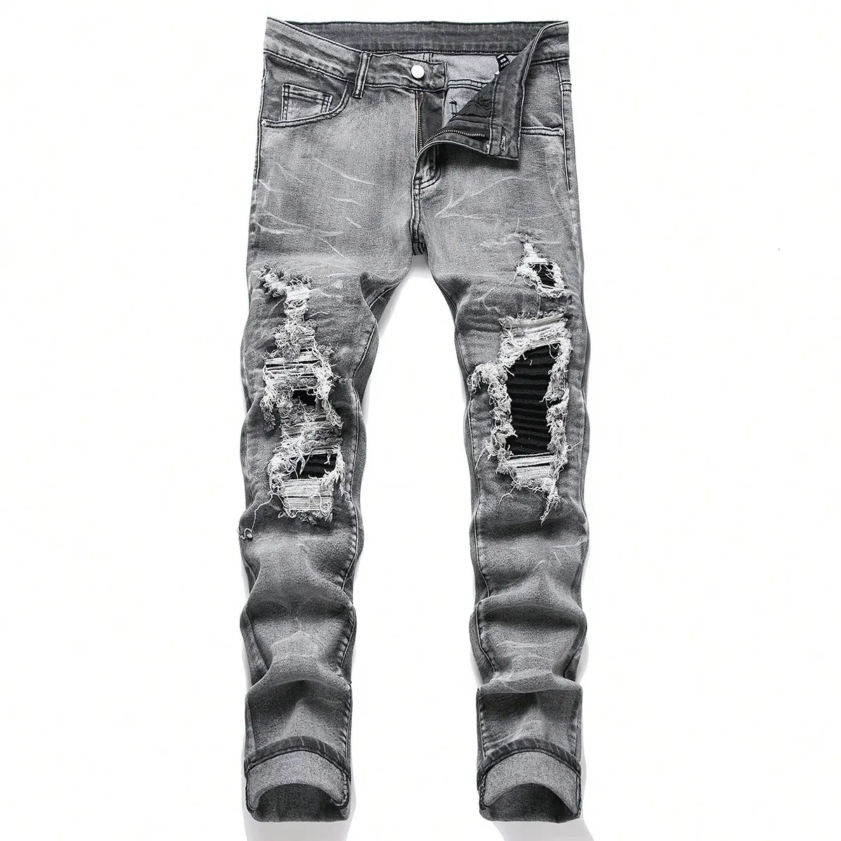 Mäns stretchig denim jeans streetwear rivande lapptäckhål rippade denim elastiska midja casual byxor smala passform raka byxor 240106