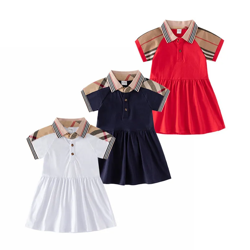 Robes d'été de princesse pour petites filles, tenue de styliste à manches courtes, col rabattu, à carreaux, 3 couleurs