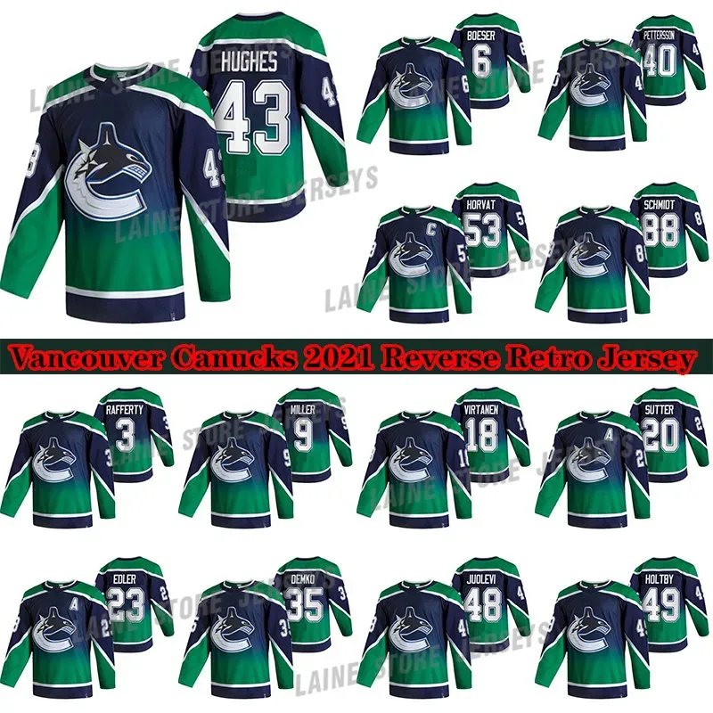 Maglia retrò inversa Vancouver Canucks 2020-21 43 Quinn Hughes 40 Elias Pettersson 53 Bo Horvat 88 NATE SCHMIDT 49 HOLTBY Maglie da hockey