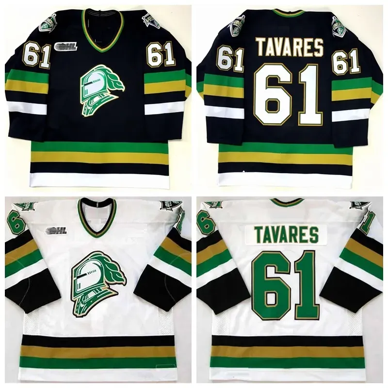 Vintage 2008 London Knights Hockey Jerseys Mens John Tavares # 61 Jersey costurado preto camisas brancas homens