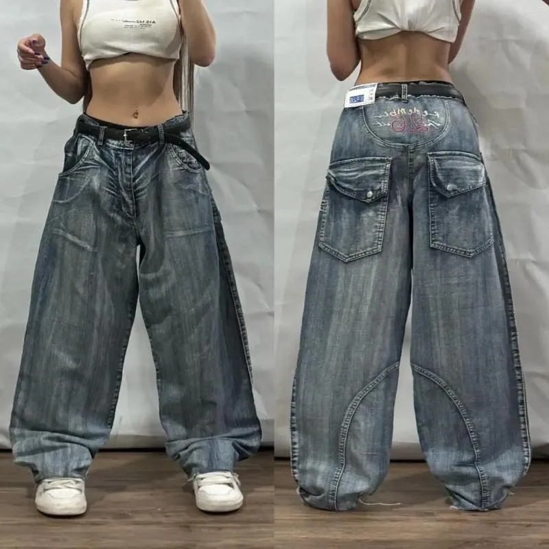 Women's Jeans Streetwear JNCO JeansY2K Loose Harajuku Hip Hop Pocket Retro Blue Gothic High Waist Wide Leg Pants