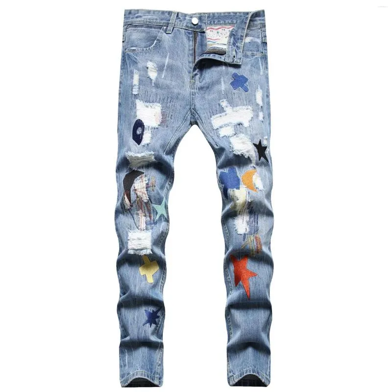 Herenjeans Big Size 40 42 Europa Modestijl Heren Jenas Denim Broek Gedrukt Streepgat Skinny Broek Slanke Blauw Voor Echtgenoot 028