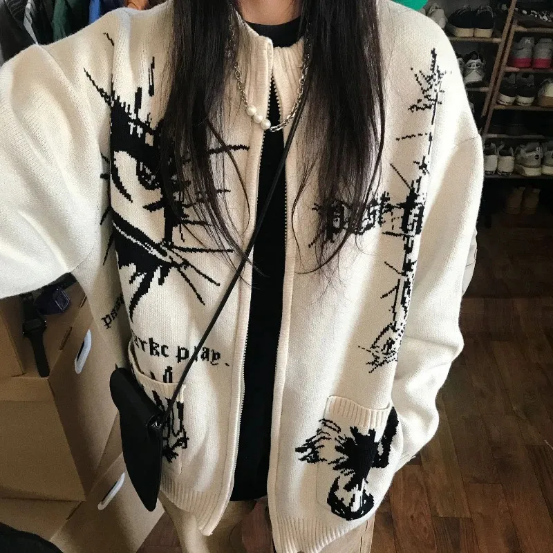 Deeptown Vintage Strickjacke Hiphop Reißverschluss Pullover Damen