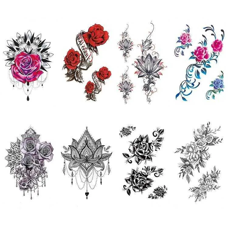 Vattentät tatueringsklistermärke för flickor, färgglad rose lotus, bohemisk brahmin blommotem, bröst och bakslag, tatuering