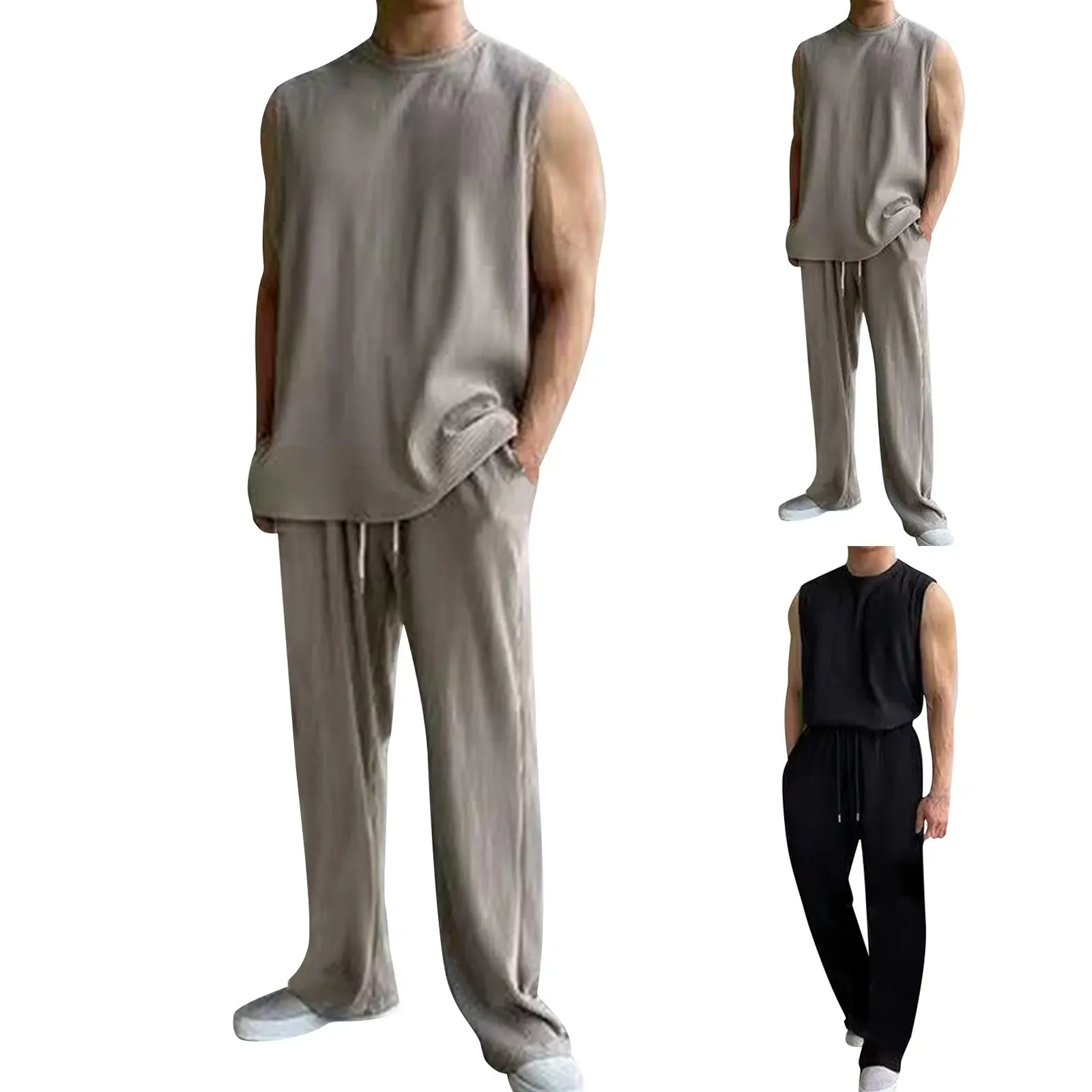 Ensemble deux pièces pour hommes, pour le sport, couleur unie, costume décontracté, col rond, gilet, pantalon ample, exercice en plein air, costume décontracté, été