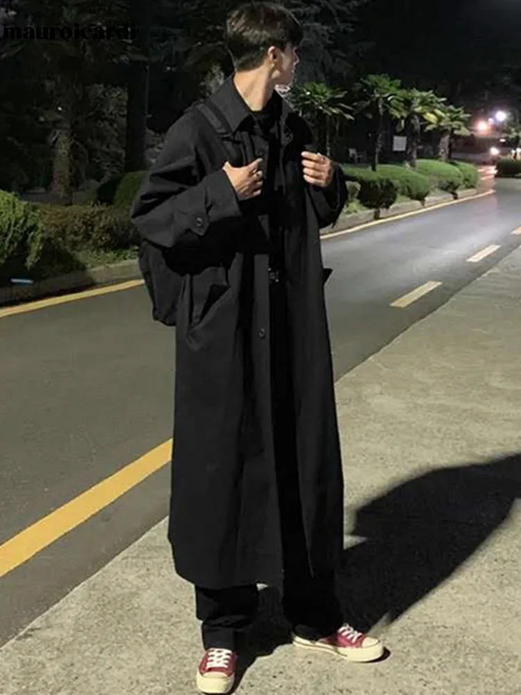 Mauroicardi Spring Autumn Long Overized Black Khaki Trench Coat Men Raglan Sleeve Single Breasted Loose Casual Korean Fashion 240106
