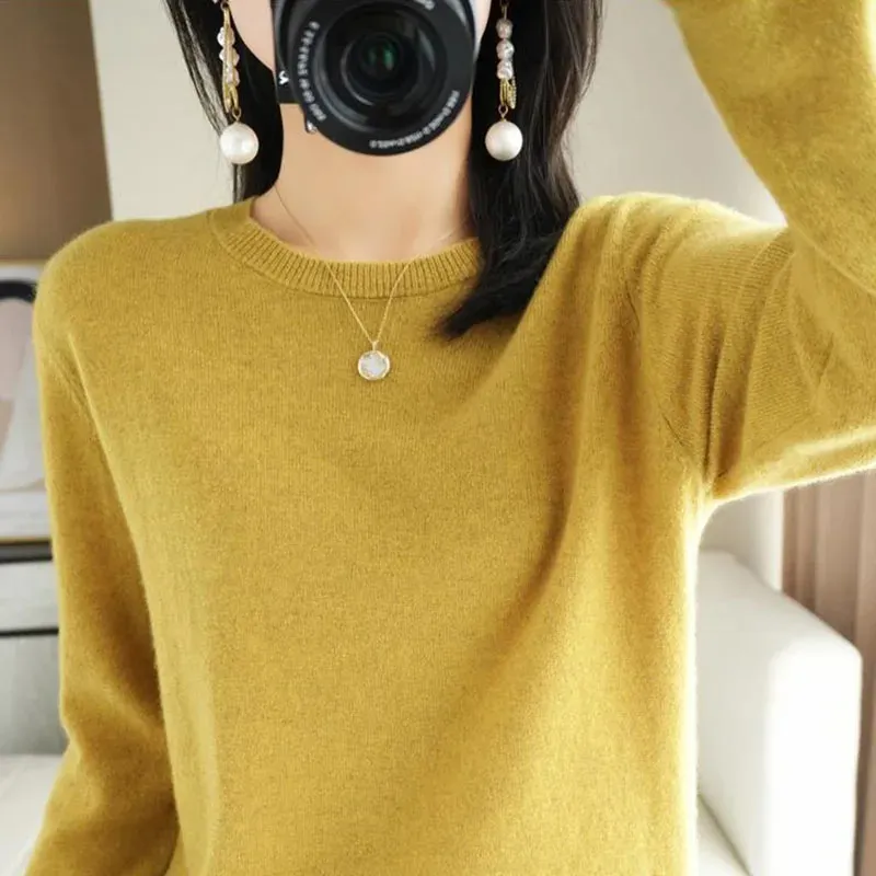 Женский свитер с круглым вырезом, осень-зима, базовый пуловер, теплые повседневные джемперы, корейская модная весенняя трикотажная рубашка 240106