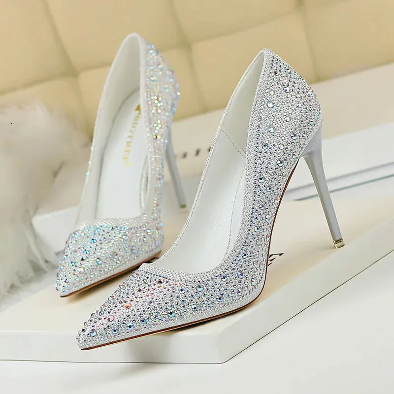 BIGTREE Women Pumps Sexy Rhinestone Sequined Cloth Sexy Slim 10cm Thin High Heels Women Wedding Shoes Party Nightclub Pump 240106