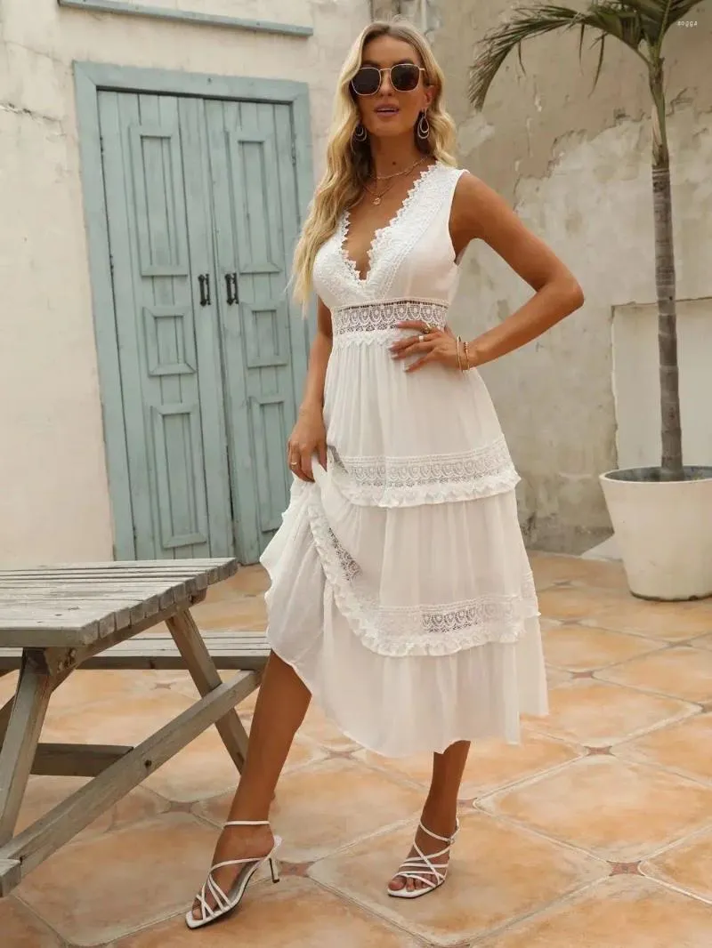 Vintage White Chiffon Midi Dress - Elegant V-Neck Lace Tank Dress