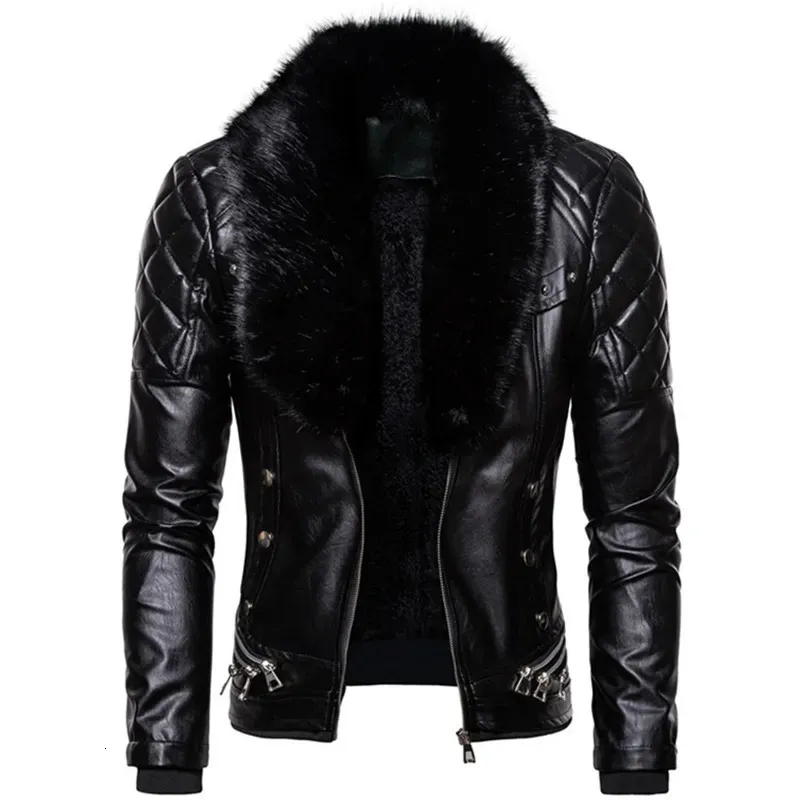 Design Motorcycle Bomber Add Wool Leather Jacket Men Autumn Turn Down Fur Collar Removable Slim Fit Male Warm Pu Coats 240106