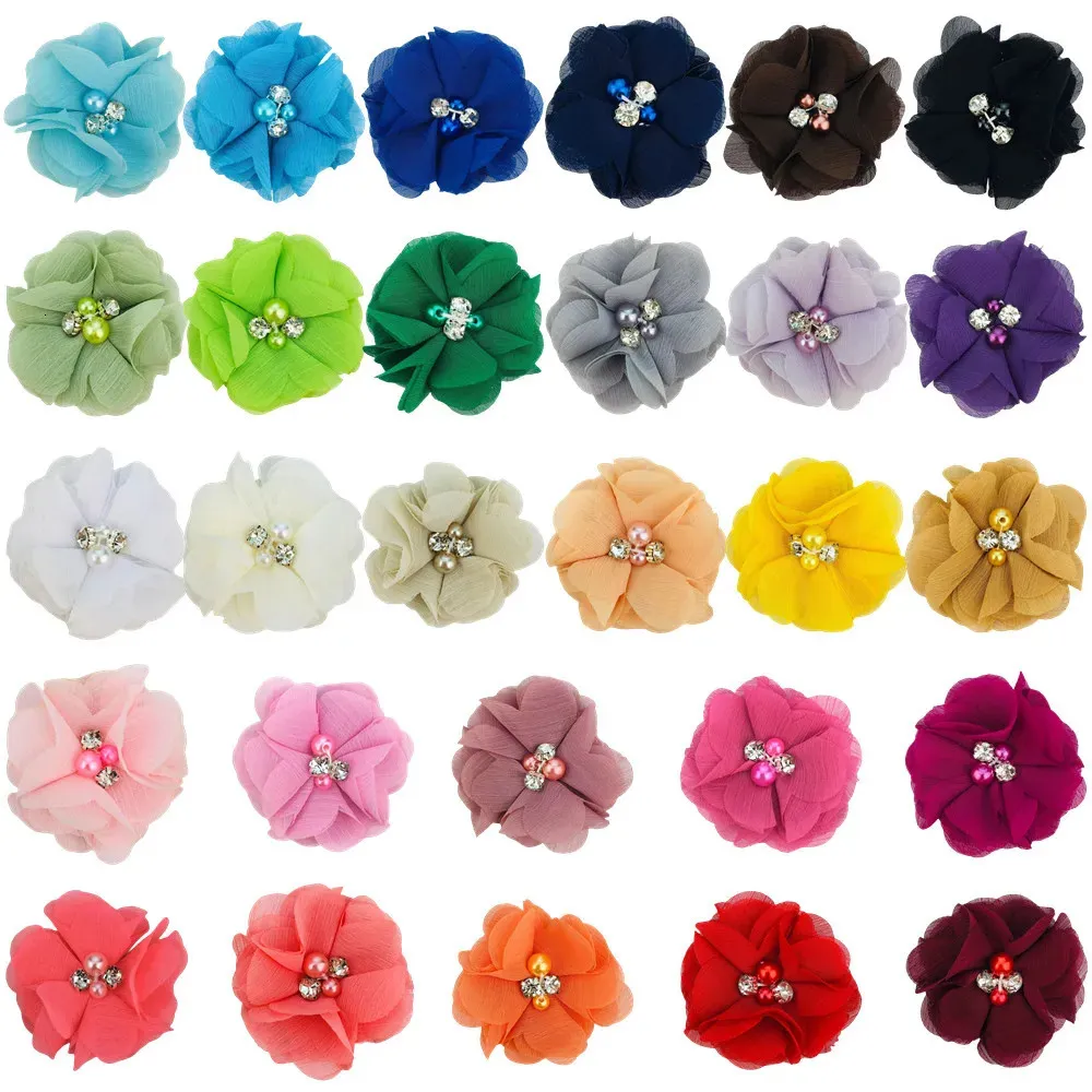 140PCS 2 Cute Tiny Chiffon Flowers With Pearl Kids Girls Alligator Hair Clips DIY Craft Headbands Accessories MH22 240106