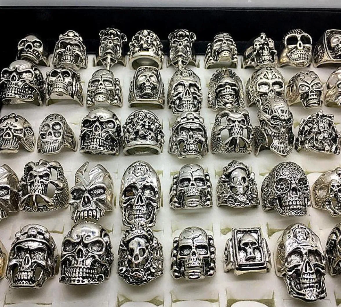 Men039S mode 50st. Lassor Top Mix Style Big Size Skull Carved Biker Silver Plated Rings Smycken Skeleton Ring4204774