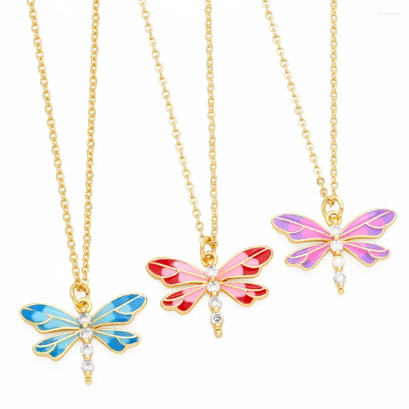 Pendant Necklaces FLOLA Chic Enamel Pink Dragonfly For Women Copper CZ Crystal Insect INS Jewellery Friends Gifts Nkeu45