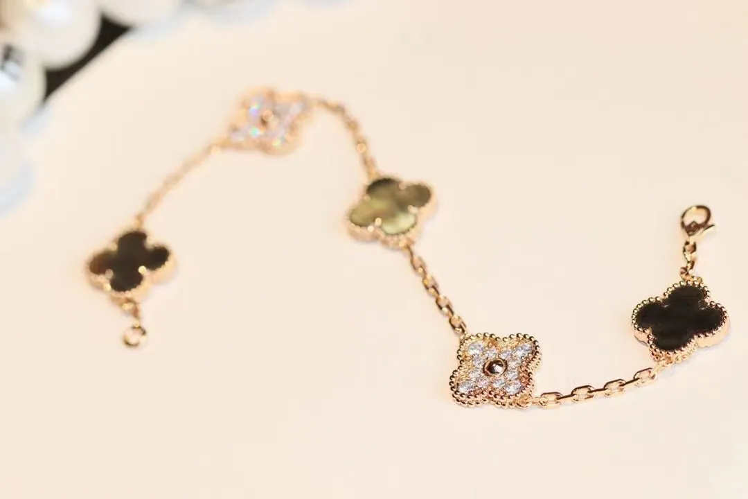 V Розовое золото для женщин Дизайнерский браслет с пятью цветами Женский позолоченный двусторонний натуральный халцедон с коробкой