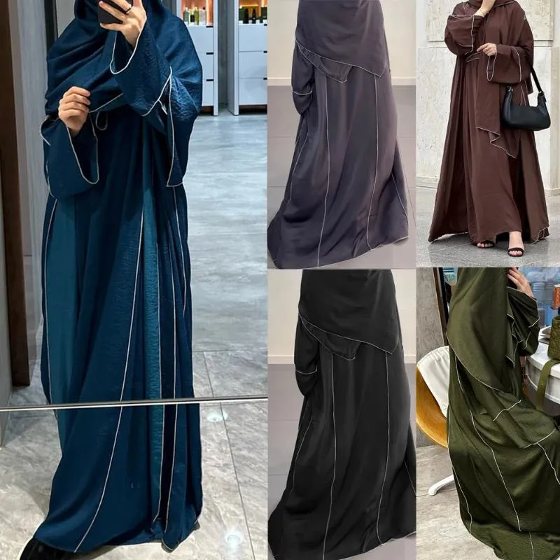 Etnik Giyim 2 Parça Abaya Müslüman Kadınlar Açık Kimono İç Maksi Elbise Seti Türkiye Kaftan Aaab Robe Jalabiya Dubai Kaftan Eid Partisi Ramazan